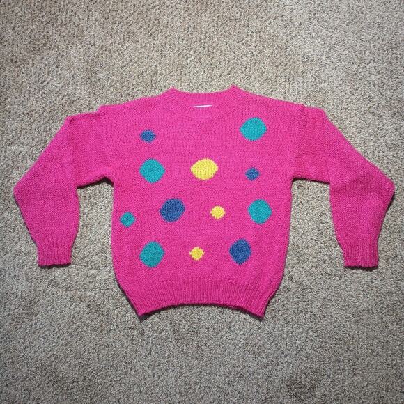 Vtg Private Party Women’s Pullover Sweater Pink Polka Dots Crew Neck Sz Small - Picture 1 of 8